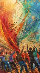 Abstract painting of people celebrating with vibrant colors and swirling patterns.