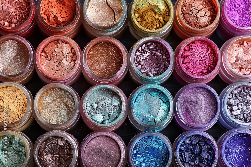 Poster A close-up image showcasing a variety of colorful makeup pigments and powders in small jars. Generative AI