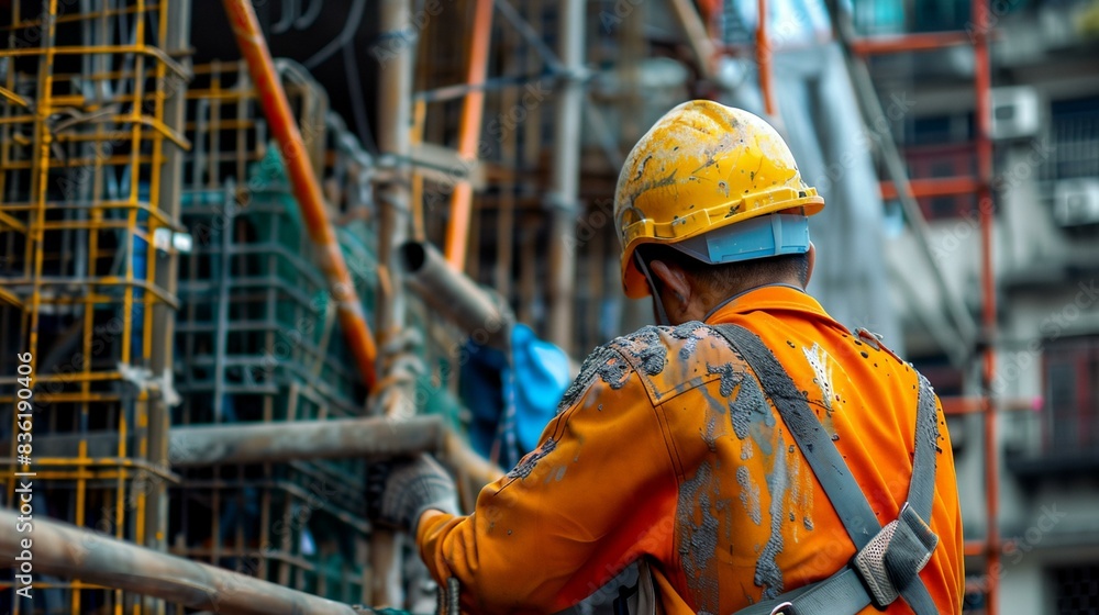 Wall mural a man in a hard hat and orange jacket standing in front of a building with pipes