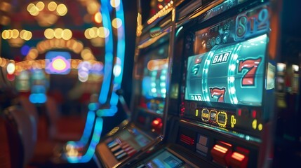 a casino machine with a lot of slot machines in front of it at night time with lights