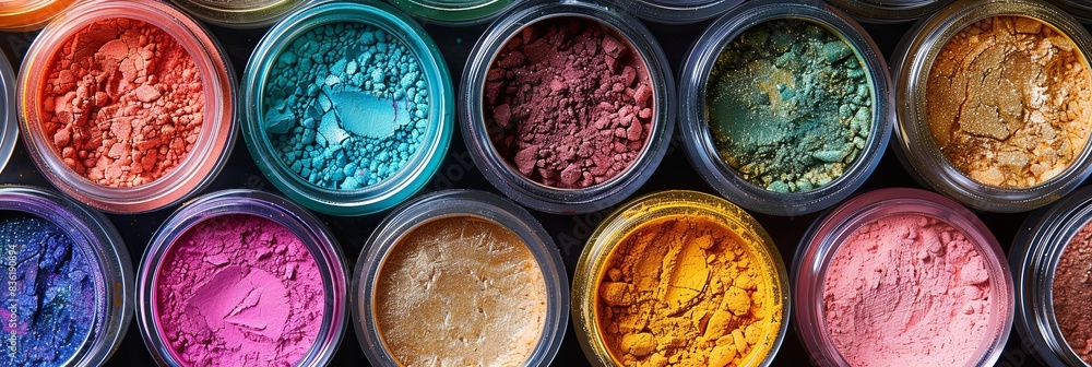 Poster close-up view of colorful makeup pigments and powders in small jars, arranged artistically. generati