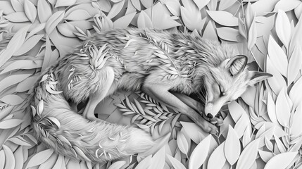 Intricate black and white paper cut artwork of a sleeping fox surrounded by leaves, showcasing delicate craftsmanship.