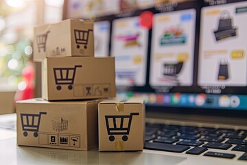 Computer screen displaying online shopping website with stacked boxes. E-commerce concept.