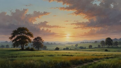 A serene landscape painting of a tranquil countryside scene, with soft hues blending into the horizon ai_generated