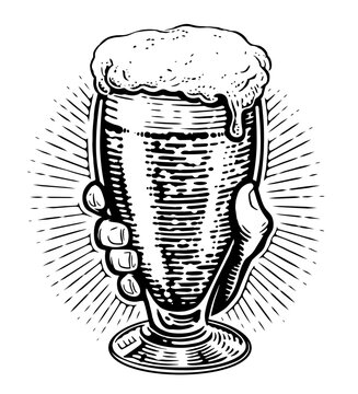 recommend clip art: Male hand holding glass of lager foamy beer. Brewery, pub concept. Hand drawn sketch vintage vector illustration