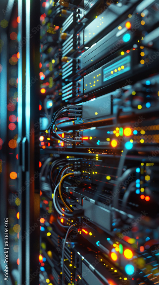 Poster closeup of server racks with cables in a data center, showcasing the complexity of connections, vibr