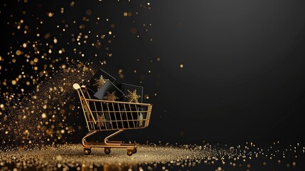 Golden shopping cart photographed against black background with cascading gold sand.