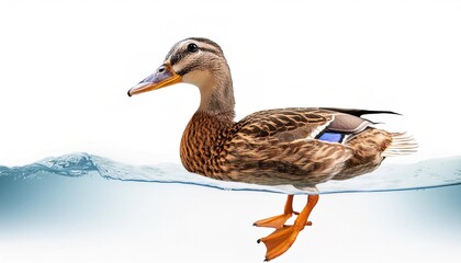 Obraz premium female mallard duck - Anas platyrhynchos - swimming in water, side view above and below water showing orange webbed feet paddling. isolated on white background