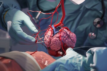 Surgeon performing complex heart surgery in an operating room, showing detailed anatomy and precision work with medical tools and gloves.