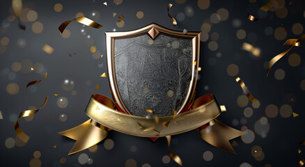 Fototapeta premium simple 3D gold silver shield and silk ribbon