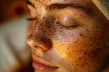 Fototapeta premium Freckled Woman Relaxing with Honey Face Mask for Radiant Skin.