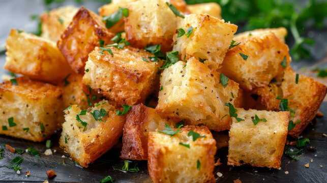 golden croutons with herbs, crispy texture, sharp details, perfect for health and wellness websites, professional banner background