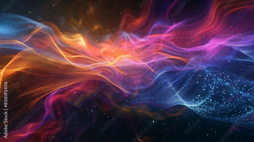 Poster vibrant abstract digital art with colorful swirling patterns and dynamic light effects, evoking a se