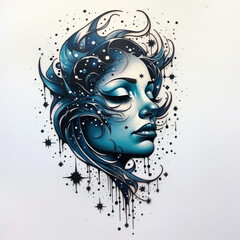 Woman surrounded by celestial symbols in intricate tattoo design