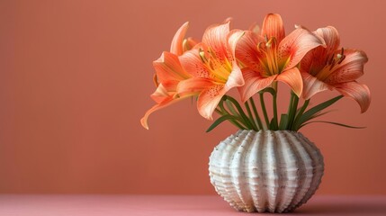 A beautiful orange lily flower in a seashell vase. The perfect gift for any occasion.