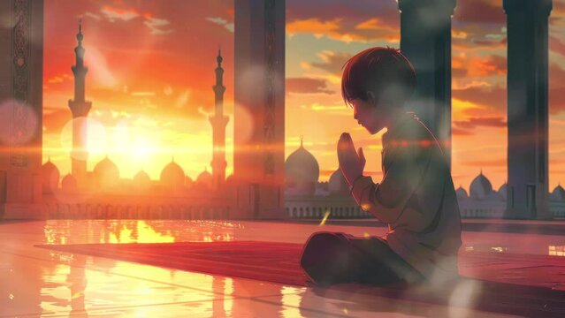 muslim boy praying at mosque, anime style