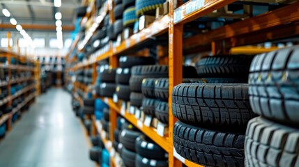Car tires meticulously stored in a service shop warehouse, close-up on the organization and storage techniques for advertising clarity 