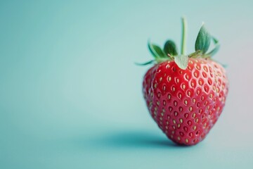 Single, ripe strawberry with vibrant green leaves stands out against a soft blue background, embodying simplicity and the freshness of summer fruit