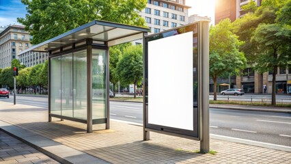 A blank white poster mockup on an outdoor bus stop, with a simple urban background, providing a clean and minimalistic design for advertising or promotional materials