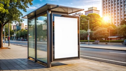 A blank white poster mockup on an outdoor bus stop, with a simple urban background, providing a clean and minimalistic design for advertising or promotional materials