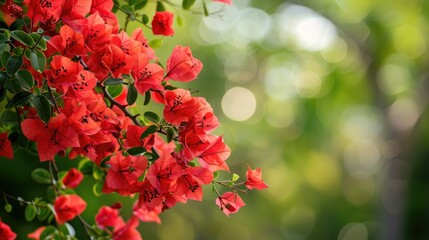Red bougainvillea bouquet in closeup with tree background and space for copy