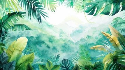Watercolor painting lush tropical rainforest dense greenery bright foliage under clear sky. Perfect nature art lovers.