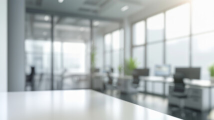 Empty desk in modern office space. Blurred office interior with empty desk in foreground, perfect for product placement or business concept.