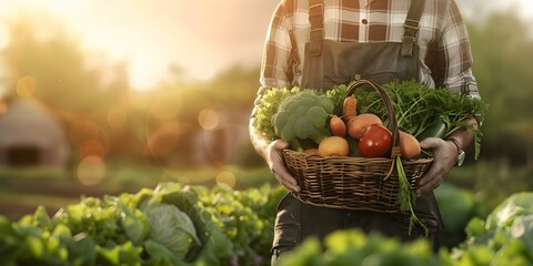 Fototapeta premium Farmer holding basket of vegetables with farm background enhanced by human. Concept Agriculture, Farming, Harvest, Vegetables, Rural Life
