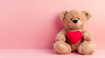 Teddy bear with heart isolated on pink background , copy space for text, Valentines day love concept