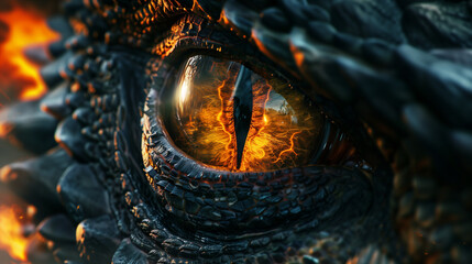 Closeup of angry black dragon fire eye  © AiDesign