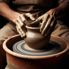 Close-up of hands of potter making clay pot with a pottery wheel. Ceramics workshop concept