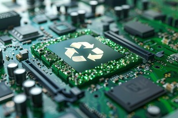 Fototapeta premium recycling icon on the motherboard, recycling in technology concept