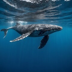 Fototapeta premium A Baby Humpback Whale Plays Near the Surface in Blue Water