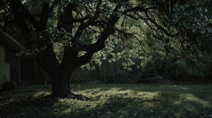 Fototapeta premium Dark tree covering in yard