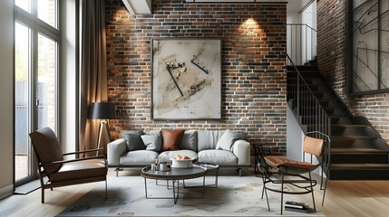 Discover the harmony of contrasts in a room where the rugged charm of a brick wall meets the refined elegance of a carefully curated color palette