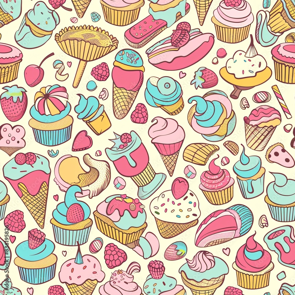 Aufkleber a seamless pattern with an array of cupcakes and ice cream treats, intricately arranged to form a vi