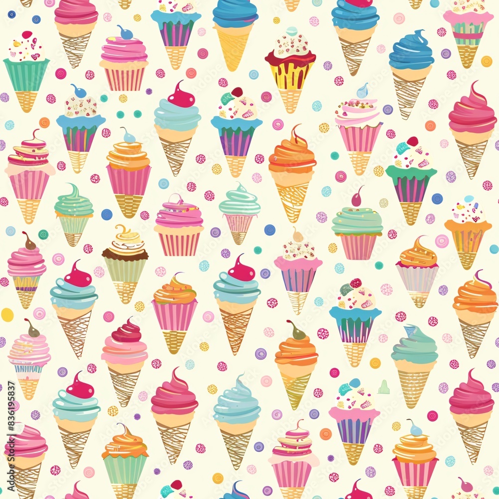 Aufkleber a seamless pattern featuring colorful cupcakes and ice cream cones intricately arranged in a continu
