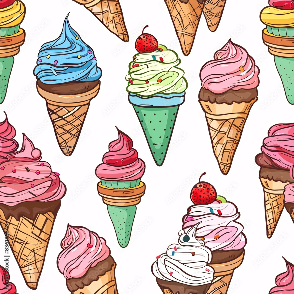 Aufkleber a seamless pattern featuring colorful cupcakes and ice cream cones intricately arranged in a continu