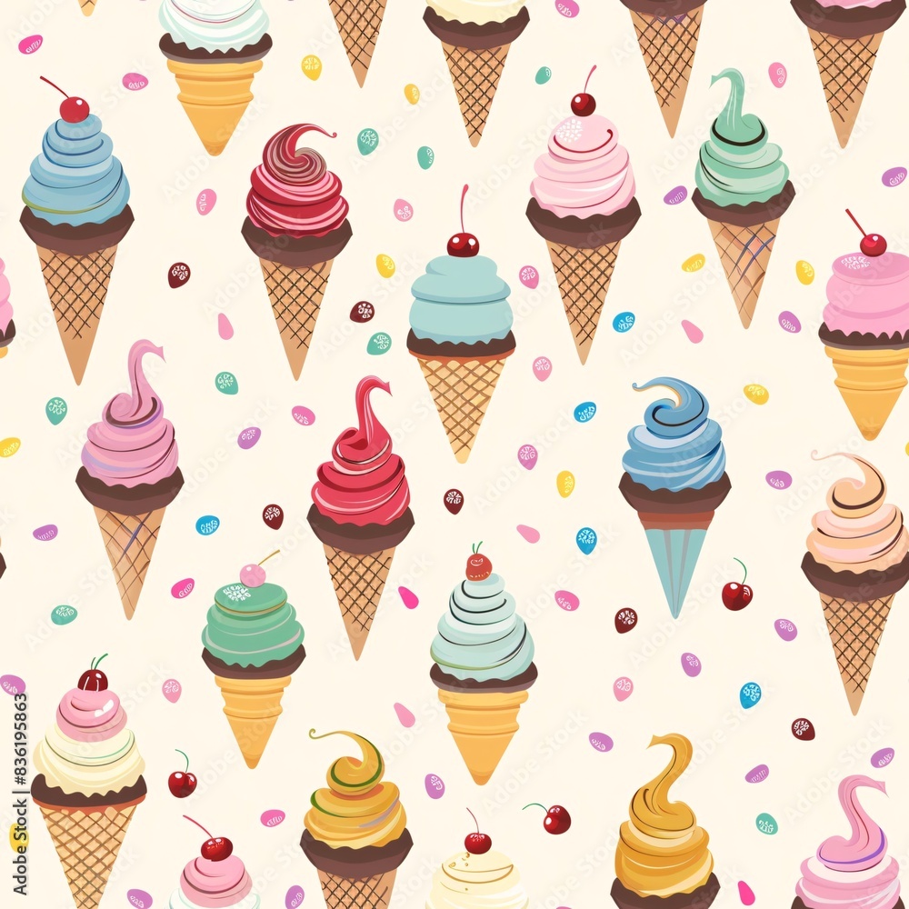 Aufkleber a seamless pattern featuring colorful cupcakes and ice cream cones intricately arranged in a continu