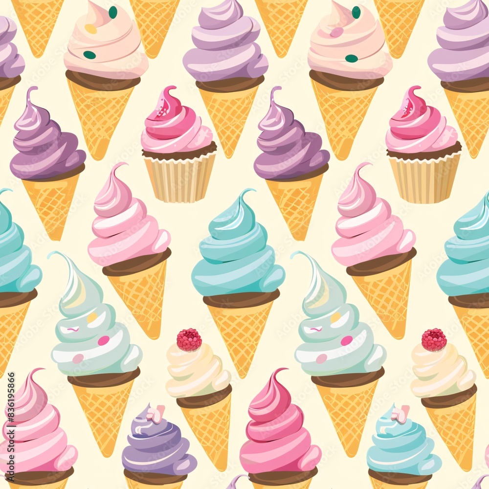 Aufkleber a seamless pattern featuring colorful cupcakes and ice cream cones intricately arranged in a continu