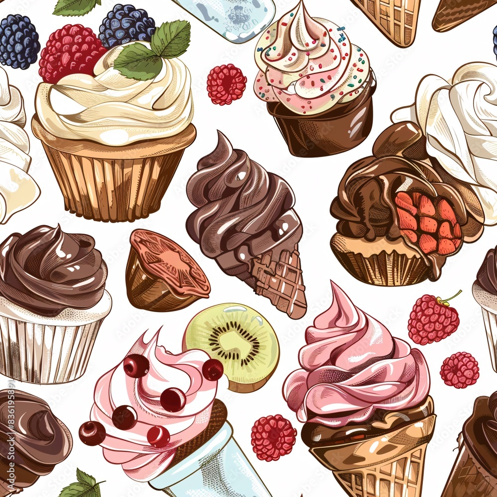 Aufkleber a seamless pattern of various cupcakes and ice cream, harmoniously blended to create an intricate an