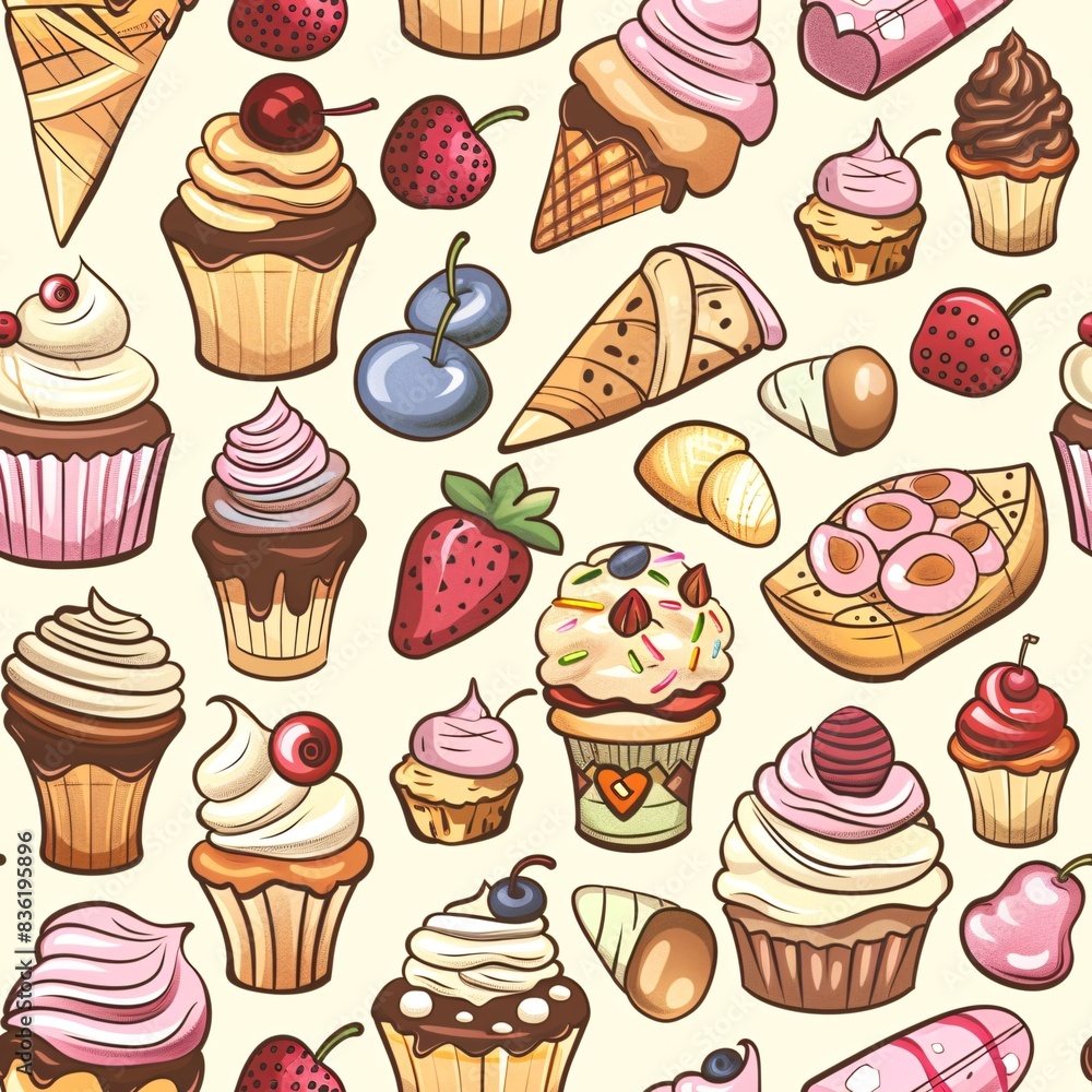 Aufkleber a seamless pattern of various cupcakes and ice cream, harmoniously blended to create an intricate an