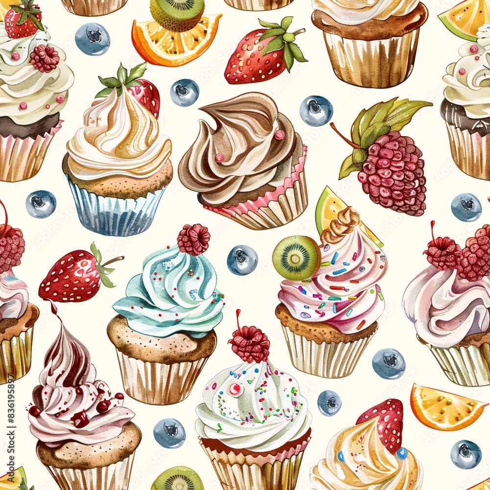 Aufkleber a seamless pattern of various cupcakes and ice cream, harmoniously blended to create an intricate an