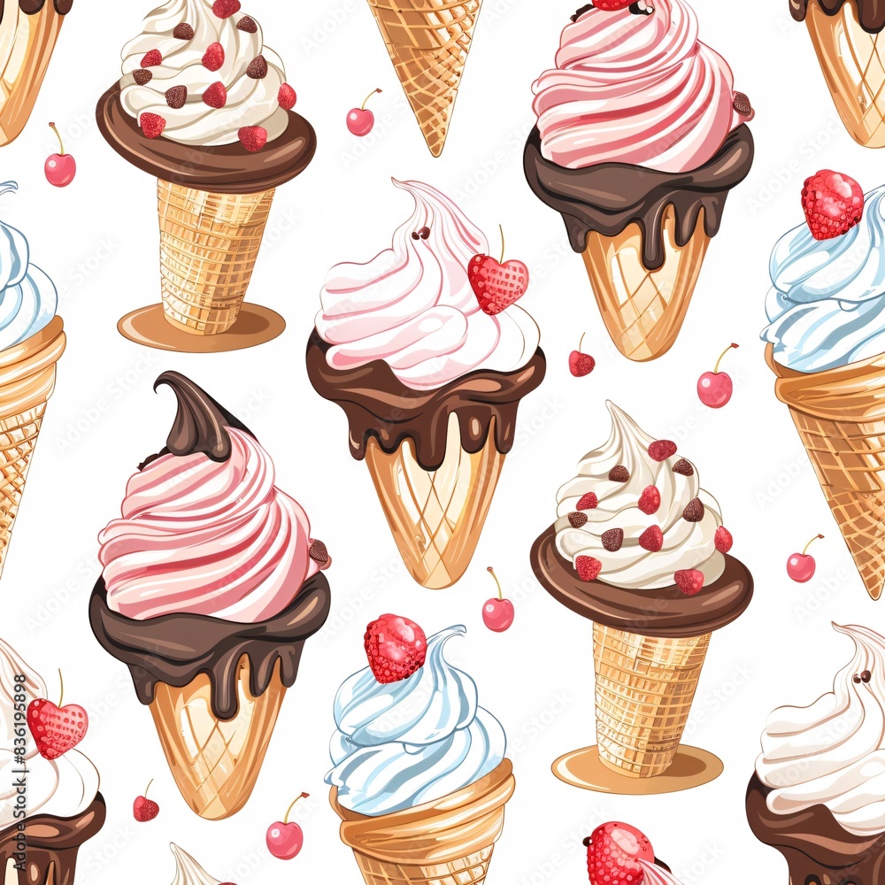 Poster a detailed seamless pattern featuring different styles of cupcakes and ice cream cones, elegantly ar