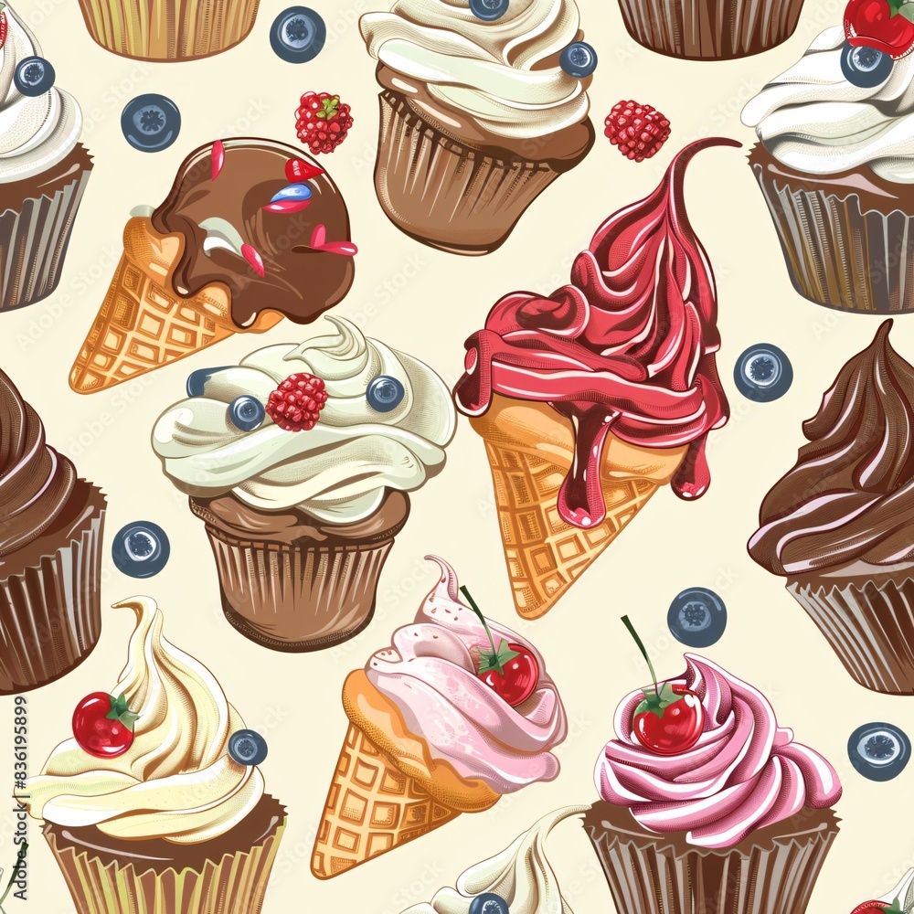 Aufkleber a seamless pattern of various cupcakes and ice cream, harmoniously blended to create an intricate an