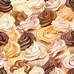 A detailed seamless pattern featuring a mix of gourmet cupcakes and ice cream scoops, elegantly intertwined for a sophisticated repetitive design