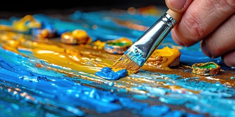 Fototapeta premium Close-up of an artists hand using a brush to mix blue and yellow paint