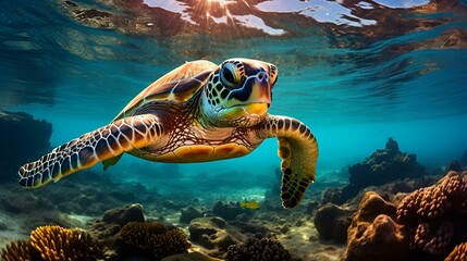 Fototapeta premium Turtle swimming in the deep sea, underwater photography 
