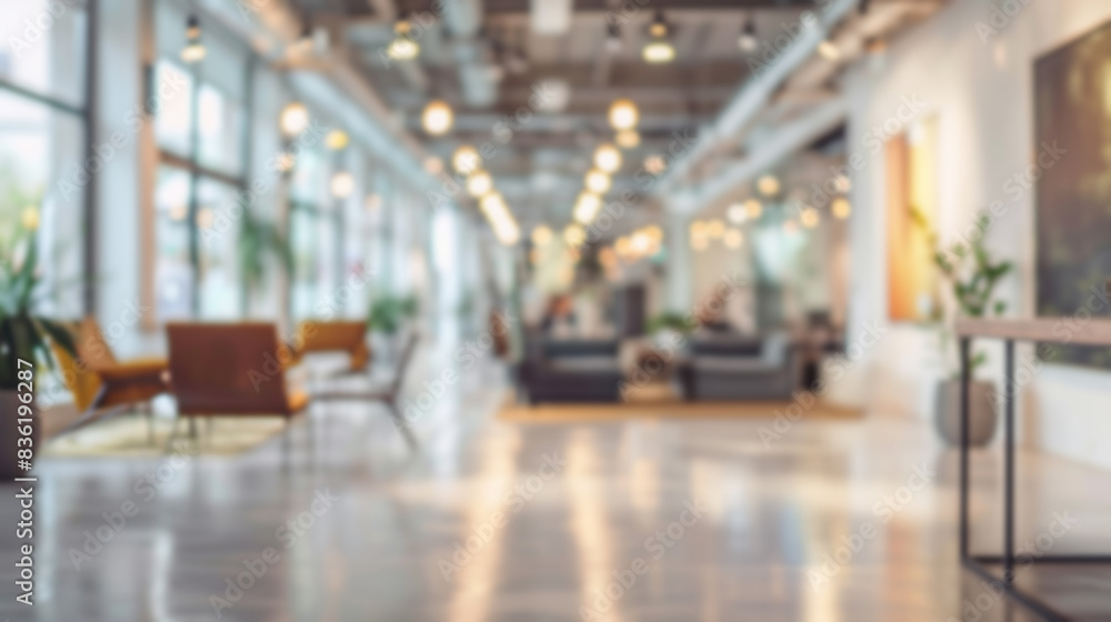Poster blurred office lobby background. defocused image of a modern office lobby with comfortable seating a