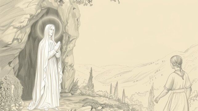 Saint Bernadette of Lourdes at Grotto, Witnessing Apparition of Virgin Mary, Biblical Illustration, Beige Background, Copyspace